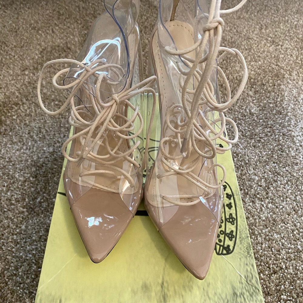 Clear open toe, lace up heels
